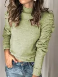 Stand Collar Paneled Long Sleeve Shirred Sweaters