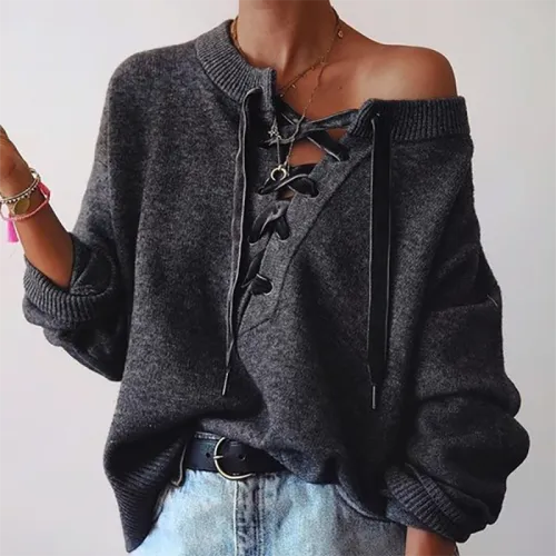 Fashion Long Sleeve Pure Colour Belted Sweater