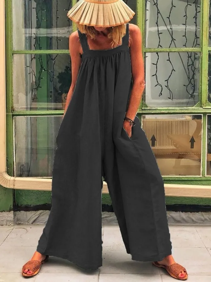 Casual Solid Sleeveless Spaghetti Jumpsuit Wide Leg Pants