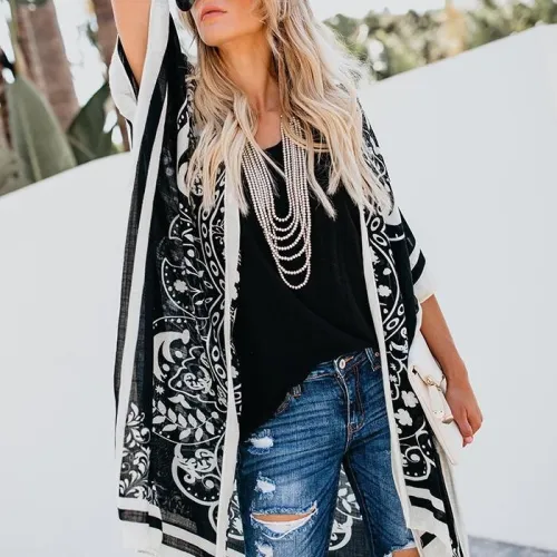 Printed Loose Casual Long Blouse Coat Cardigan