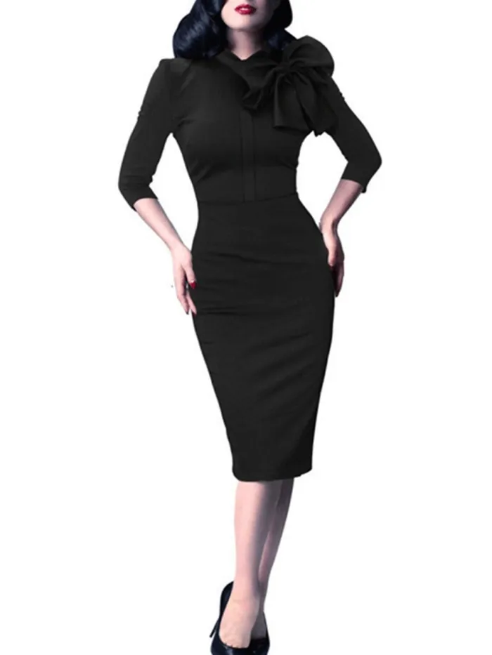 Elegant Round Neck Bow Slim Bodycon Dress