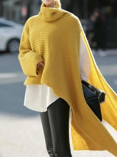 Fashion Pure Color High Neck Irregular Sweater