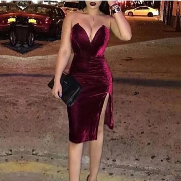 Sexy Deep V Pure Colour Velvet Slit Slim Evening Dress