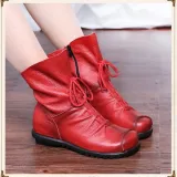 Big Size Pure Color Lace Up Ankle Leather Comfortable Zipper Boots