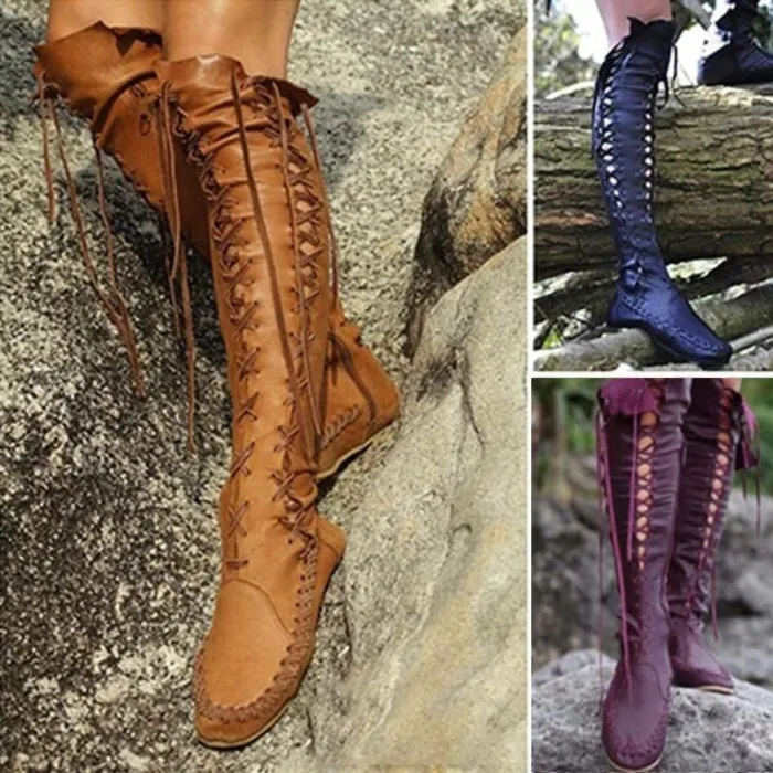 Women PU Booties Casual Lace Up Knee Length Flat Shoes