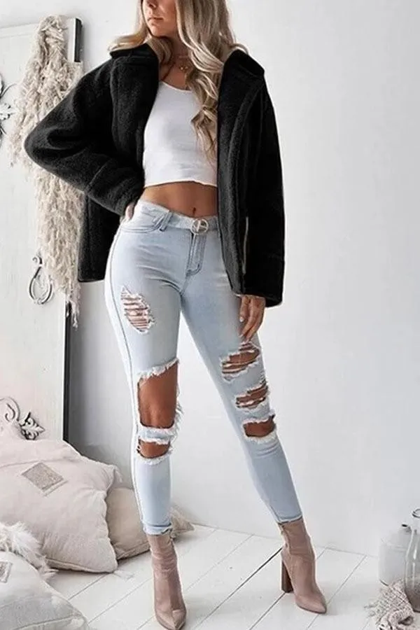 Fashion Zipper Pocket   Lapel Cardigan Long Sleeve Jacket Coat