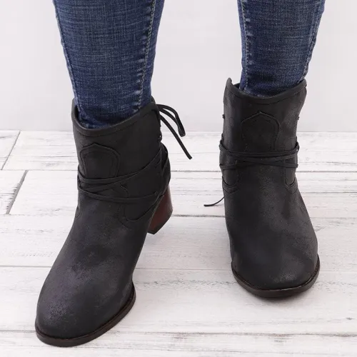 Vintage Low Heel Ankle Boots Plus Size PU Casual Back-lace Boots