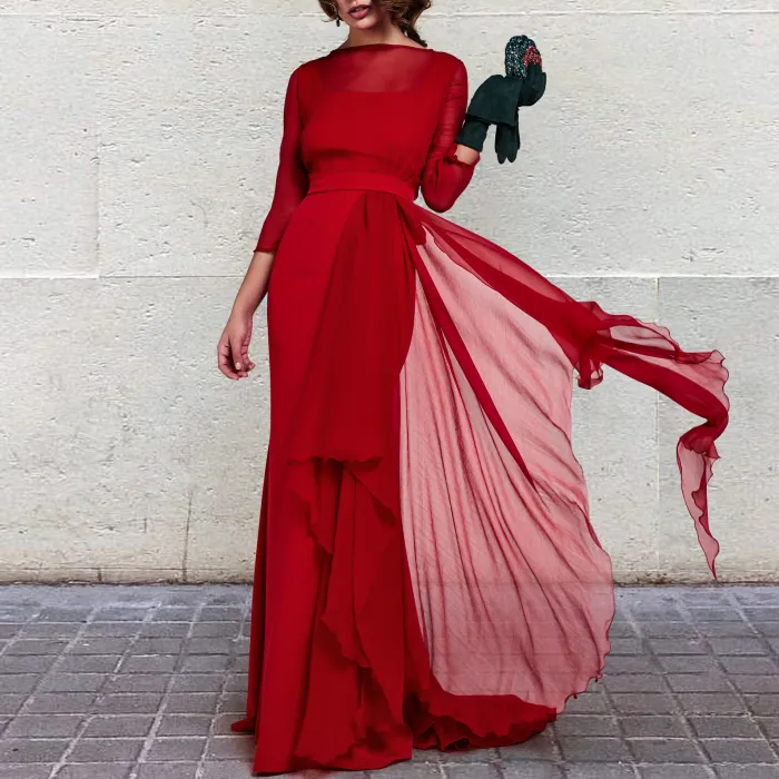 Elegant Chic Noble Slim Plain Ruffled Hem Long Sleeve Evening Dress