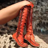 Women PU Booties Casual Lace Up Knee Length Flat Shoes