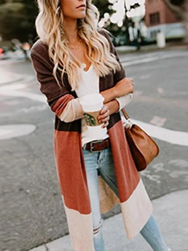 Fashion Color Block Long Sleeve Cardigans
