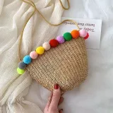 Women's Beach  Color  Zipper Rope Woven Straw Sling Bag Handbag