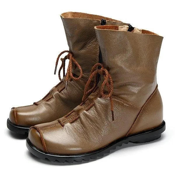 Big Size Pure Color Lace Up Ankle Leather Comfortable Zipper Boots
