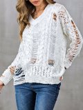 V Neck Casual Long Sleeve Ripped Sweaters