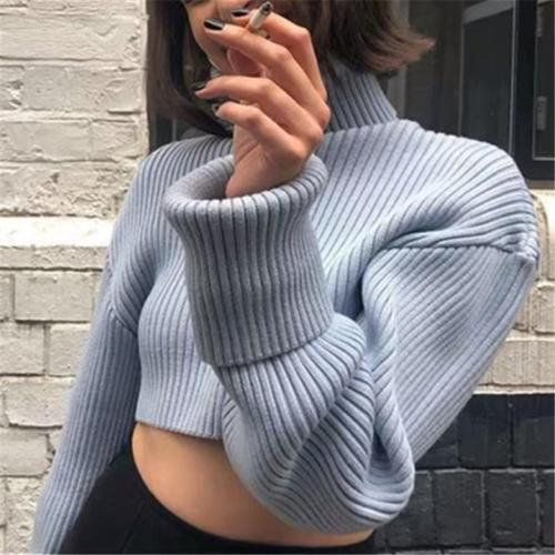 Casual Sexy High Collar Short Style Pure Color Knit Sweater Blouse