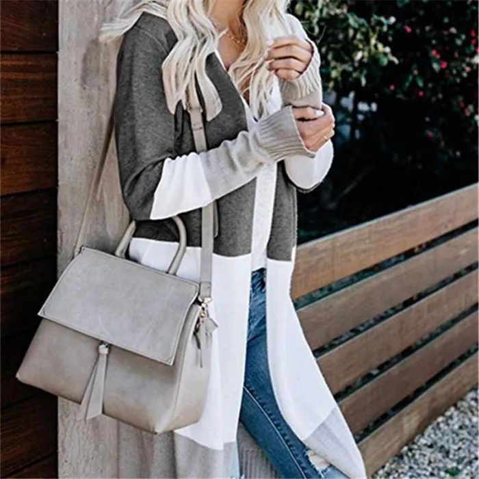 Large Size Stitching Striped Knit Loose Sweater Cardigan Coat