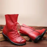 Big Size Pure Color Lace Up Ankle Leather Comfortable Zipper Boots