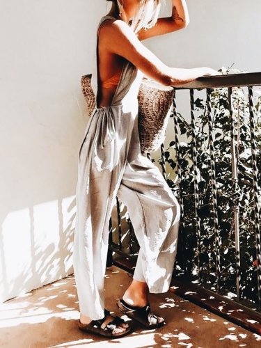 Casual Pure Colour Belted Sleeveless Pleated Jumpsuit