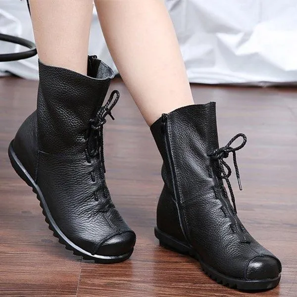 Big Size Pure Color Lace Up Ankle Leather Comfortable Zipper Boots