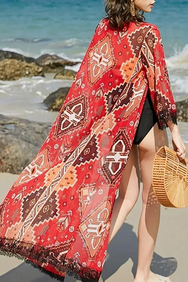 Lace Splicing Chiffon Long Suntan Cardigan