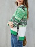 Green Knitted Color-Block Tribal Long Sleeve Sweaters