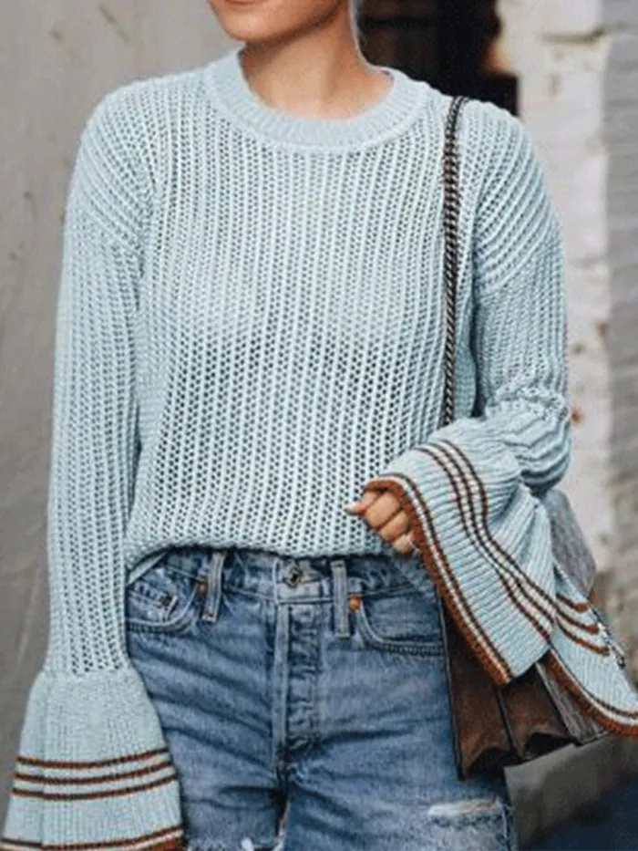 Fashion Round Collar Hollow Out Pagoda Sleeve Sweater