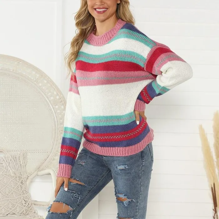 Casual Long Sleeve Colouring Striped Sweater