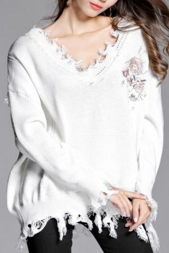 Sweet Fashion Loose Solid Color Irregular Side Long Sleeve Sweater
