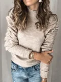 Stand Collar Paneled Long Sleeve Shirred Sweaters