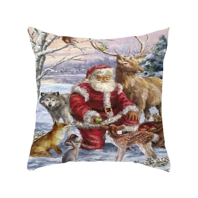 Christmas Pillow Case Deer Snowman Pattern Pillow Cover Cotton Linen