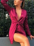Sexy Deep V Pleated Slit Long Sleeve Bodycon Dresses