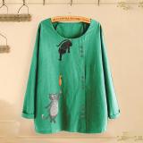 Cat Fish Print Shirt Round Neck Long Sleeve Cotton Linen Casual Blouse