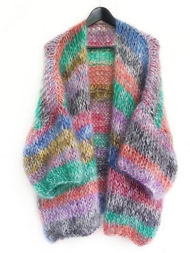 Multicolor Plus Size Long Sleeve Going out Striped Knitted Cardigans