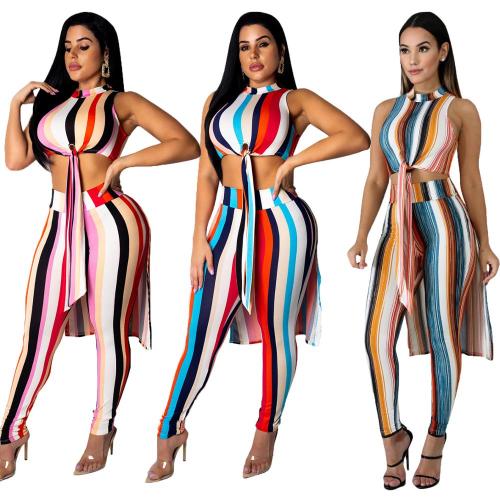 Women's  Two piece Sets Printed Striped crop Tops trousers Casual Outfit 2019 Latest Design