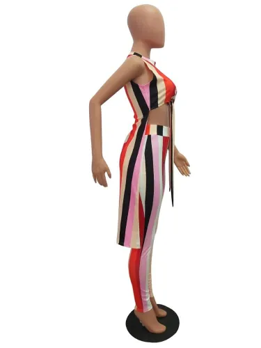 Copy Women's  Two piece Sets Printed Striped crop Tops trousers Casual Outfit 2019 Latest Design