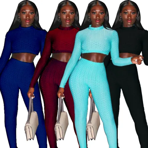 Autumn Solid Plain Fit Crop Top and Pants Set