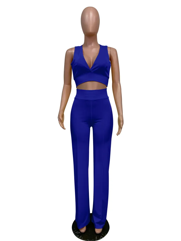 Summer Party Solid Color Halter Crop Top and High Waist Pants Set