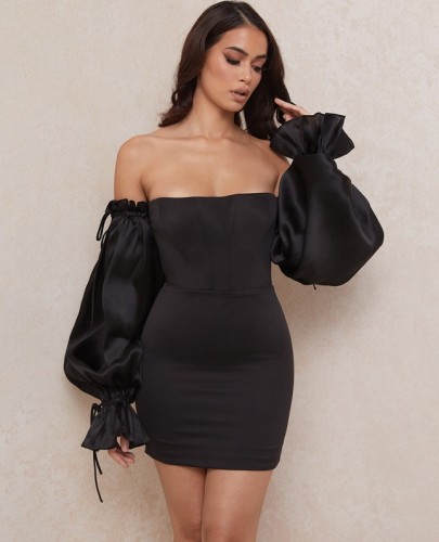 Autumn Party Vintage Black Puff Sleeves Strapless Mini Dress