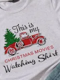Christmas Print Round Neck Shirt with Short Sleeves