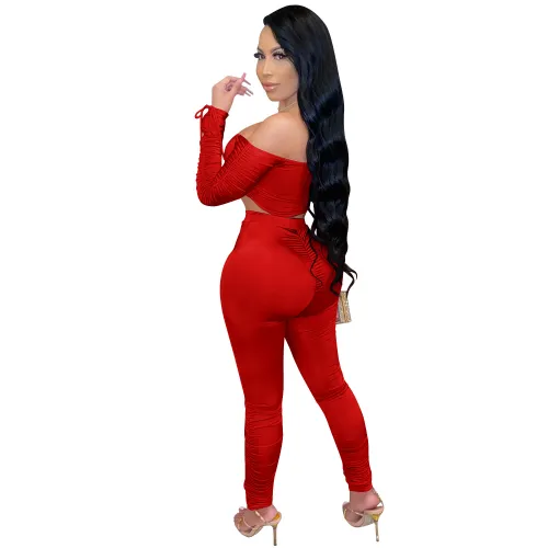 Autumn Party Solid Color Ruched Crop Top and Scrunch Pants Set