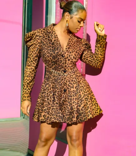 Autumn Elegant Leopard Print Puff Sleeves Blazer Dress