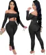 Autumn Party Solid Color Ruched Crop Top and Scrunch Pants Set