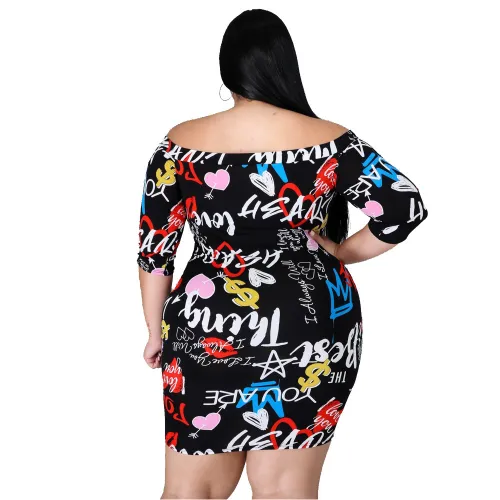 Plus Size Autumn Party Print Off Shoulder Zip Up Mini Dress
