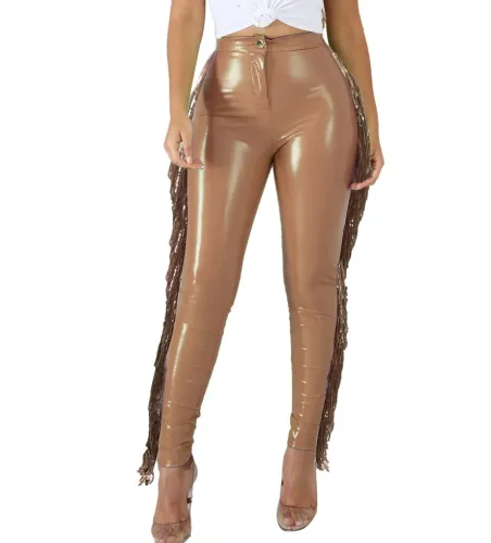 Autumn Party Fit Tassels High Waist Leather Pants