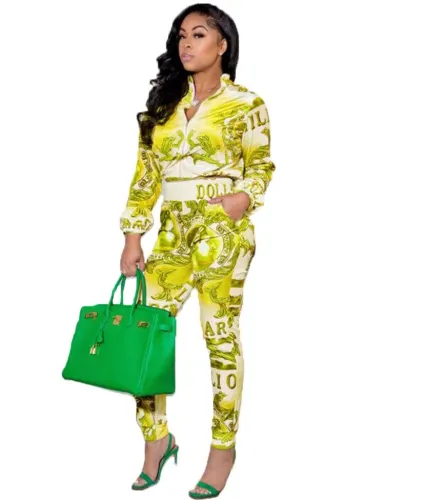 Autumn Retro Print Zipper Crop Top and High Waist Pants Set