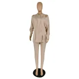 Autumn Solid Plain Cut Out Hoody Shirt and Pants Set