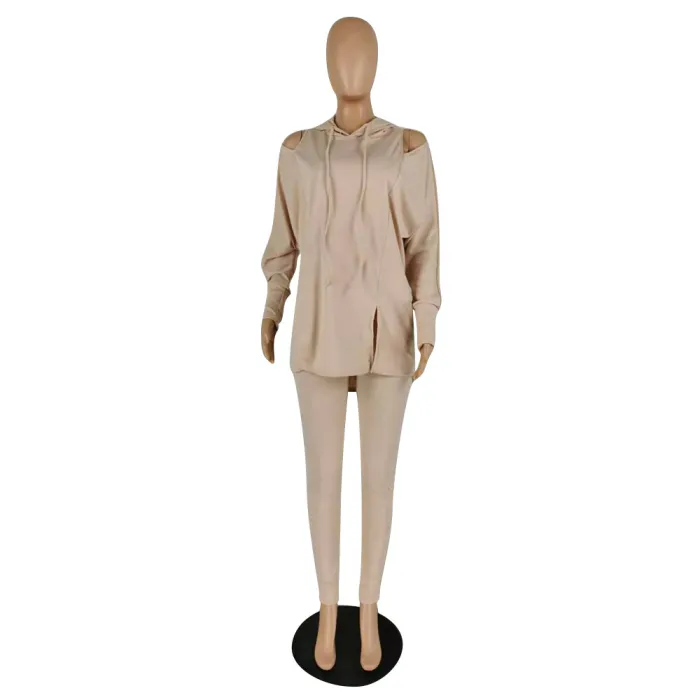 Autumn Solid Plain Cut Out Hoody Shirt and Pants Set