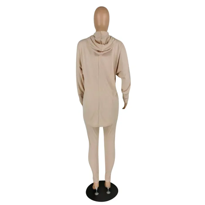 Autumn Solid Plain Cut Out Hoody Shirt and Pants Set