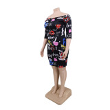 Plus Size Autumn Party Print Off Shoulder Zip Up Mini Dress
