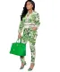 Autumn Retro Print Zipper Crop Top and High Waist Pants Set
