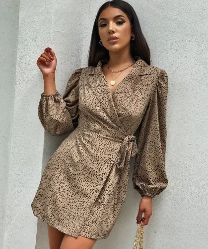 Autumn Elegant Print Pop Sleeves Wrapped Blazer Dress